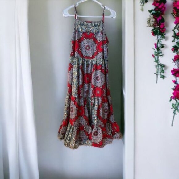 BOG Collective Dresses & Skirts - BOG Collective Red Colorful Mandala Tiered Back Corset Dress Women's Red L